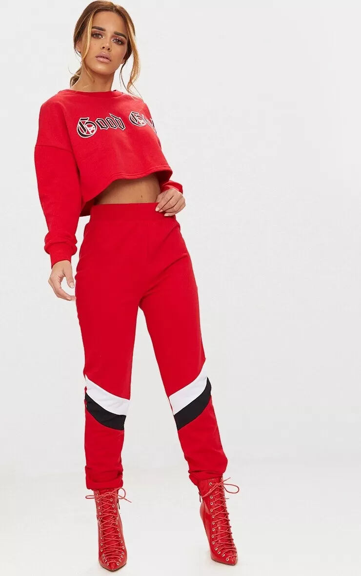 BNWT PrettyLittleThing Petite Joggers Size 8 Red Contrast Stripe High Waist  PLT