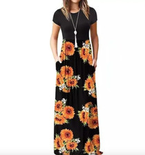 Sunflower Short Sleeve Round Neck Cottagecore Bohemian Pocket Long Maxi Dress