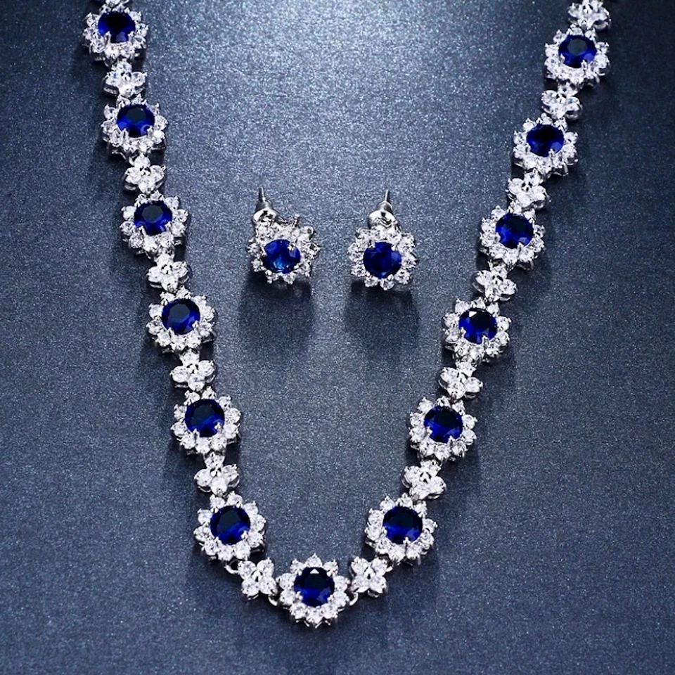 18k White Gold Plated Necklace Earrings Set made w Swarovski Crystal Blue Stone - Image 3 of 4