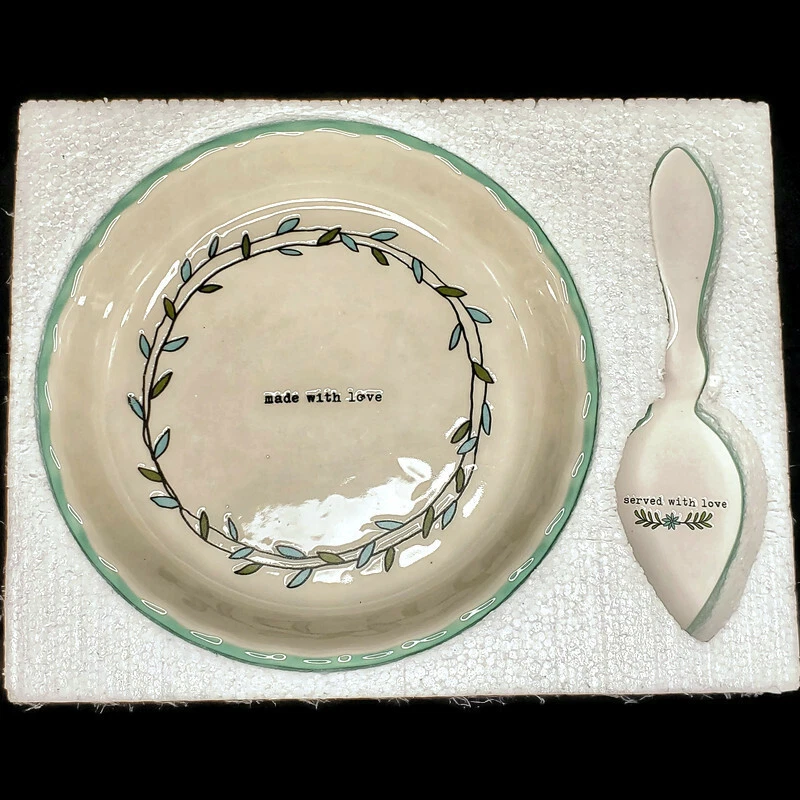 DEI Happy Home Pie Plate and Server Set - 10 Inch - White w/ Teal Trim