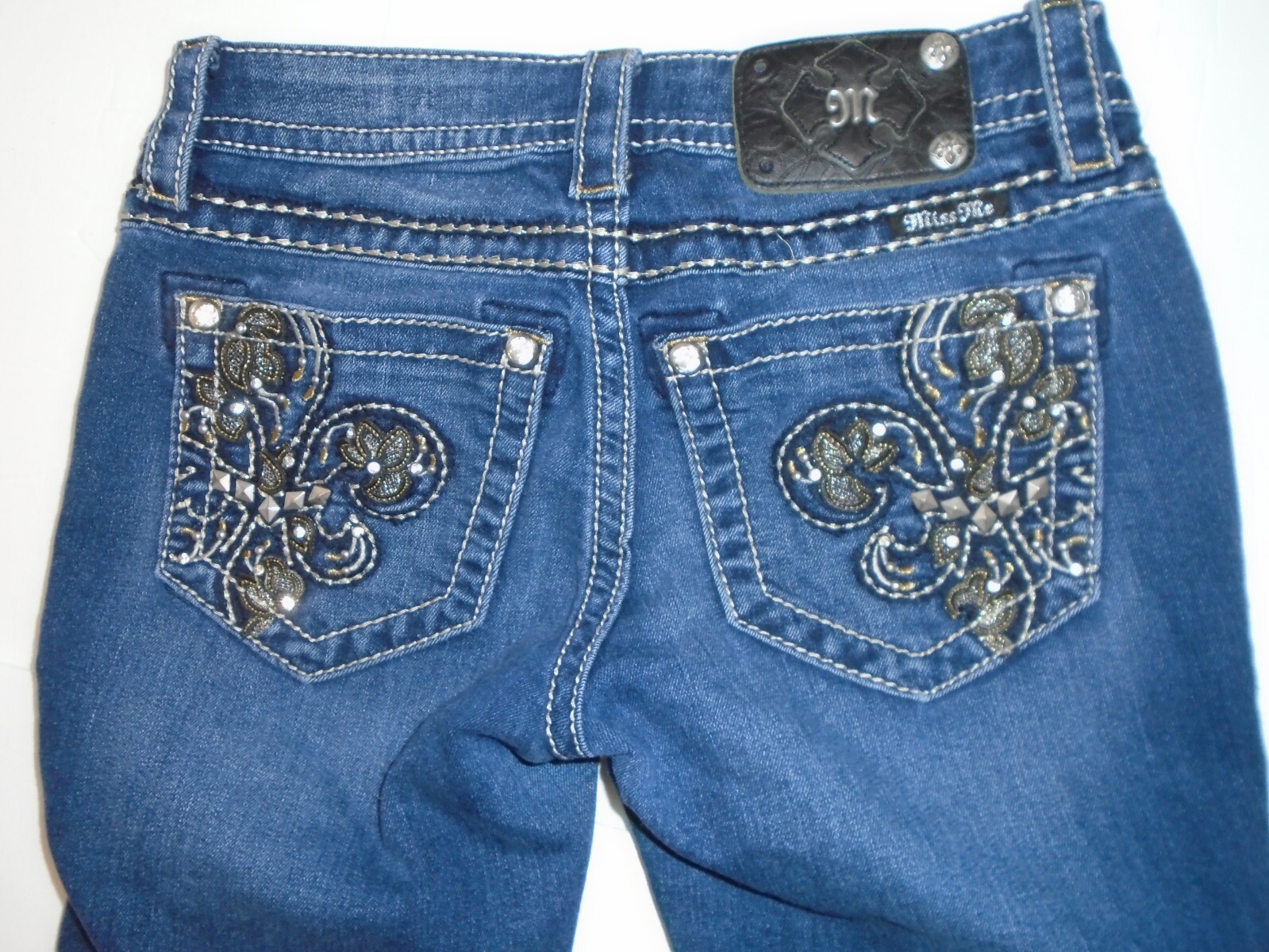 Miss Me Signature Rise Skinny Stretch Bling Pocket Jeans 25x30 Fleur du Lis