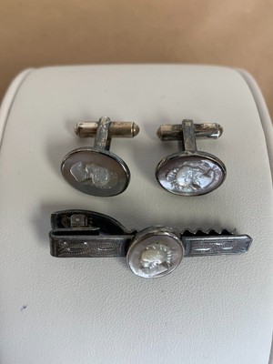 Set Vintage De Boutons De Manchette Et Barrette De Cravate En Argent Sterling - Motif Bambou - Pour Homme