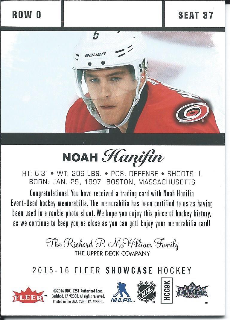 Vetrina Fleer 2016 17 NOAH HANIFIN fila 0 posti 37 gioco usatoa magliaenti