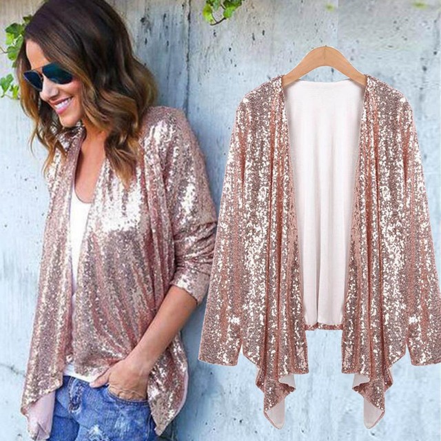 Women Long Sleeve Sequined Irregular Jacket Cardigan Tops Cover Up