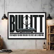 Bullitt Movie Poster Steve McQueen Wall Art Print Mustang Muscle Car Fans Gift