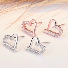 Stunning Crystal Heart Stud Earrings 925 Sterling Silver Ladies Girls Gift Uk