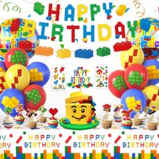 Building Block Birthday Party Decorations Supplies Kit Balloons Tablecloth Cake