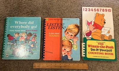 Vintage LOT Golden Preschool Learning Books Where Did Everybody Go, Listen, Pooh