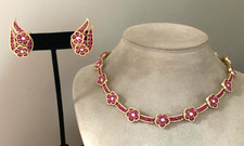Rare Trifari Fuchsia Rhinestone Floral Necklace & Earrings