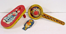 3 Vtg Tin Metal Noisemakers Lot Early Clown Wood Ball Twist Snapper Clicker Old