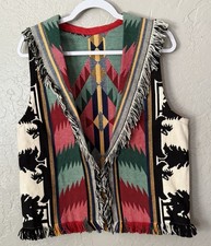 Vtg Women M Western Vest Blanket Tribal Aztec Boho Artsy Open Front w/Fringe