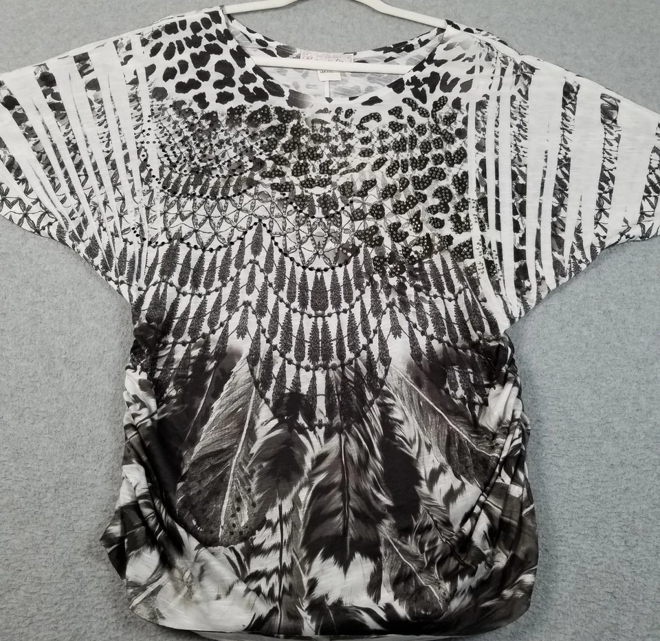 Top ajustado Panhandle para mujer mediano M negro blanco pluma de leopardo rockero occidental Foto 2 de 4