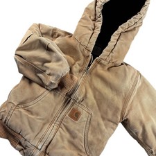 Carhartt Kids Sz 5 Brown Duck Canvas Hooded Jacket Quilted Lined Coat Warm