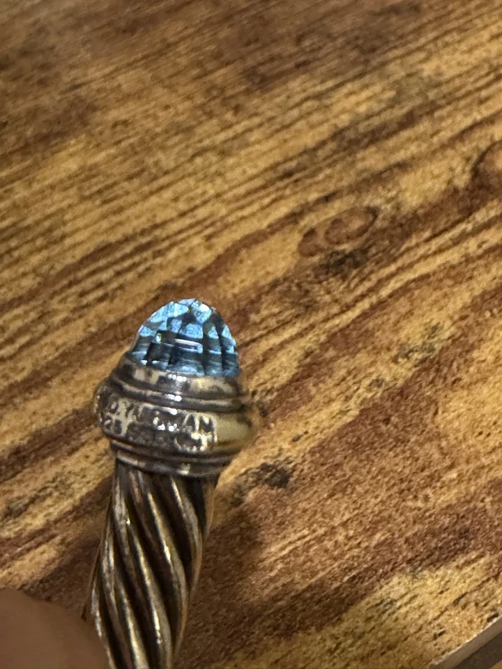 David Yurman Sterling Silver 7mm Cable Classic blue topaz  14k Gold Bracelet - Image 2 of 4