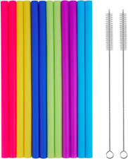 14PCS Reusable Silicone Straws Jumbo Extra Wide 10" w/ Cleaning Brushes