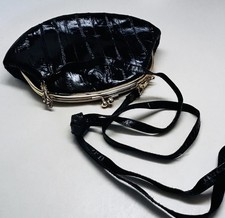 Vintage Lee Sands Black Eel Skin Double Kiss Lock Purse Clutch Cross Body