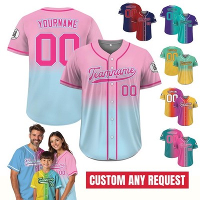 Custom Printed Gradient Baseball Jersey Pink Blue, Personalized Fan Shirt