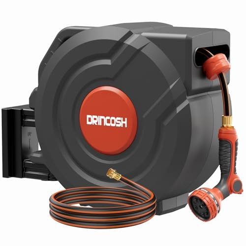 DRINCOSH Upgraded Retractable Garden Hose Reel 1/2 in x 100ft PRO 180°