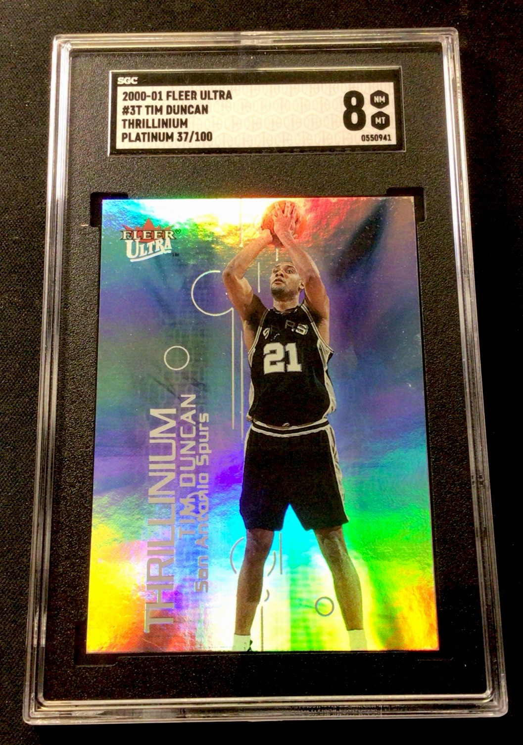 2000-01 Fleer Ultra #3T Tim Duncan Thrillinium Platinum 37/100! SGC NM-MT8! ENN