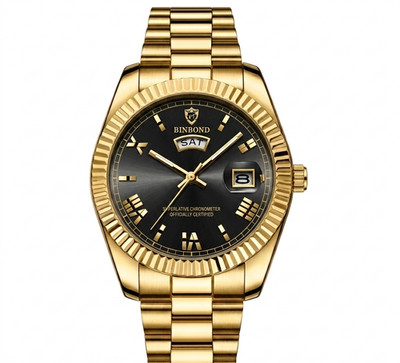 BINBOND Herrenuhr Quarz Sport Wasserdicht Leuchtender Kalender Klassisch GOLD Schwarz