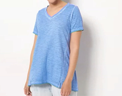 LOGO by Lori Goldstein Distressed Cotton Slub V-Neck Top - PROVENCE BLUE, XS