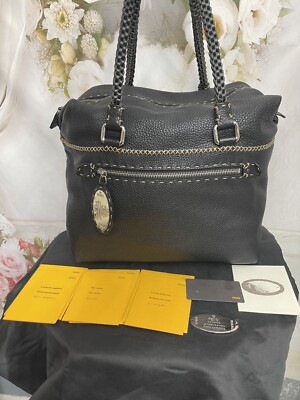 FENDI selleria レザー ハンドバッグ 黒 Fendi Selleria Black Pebbled Leather Bag Authentic Mint Condition