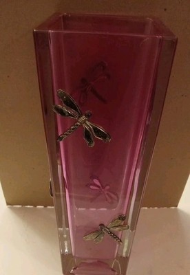 Teleflora Pink Glass Vase: 24% Lead Crystal, Dragonflies, Czech Republic, 10''