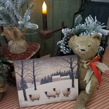 PRIMITIVE VICTORIAN VINTAGE STYLE WINTER SHEEP IN SNOWY FARM HOUSES WEAVER SIGN