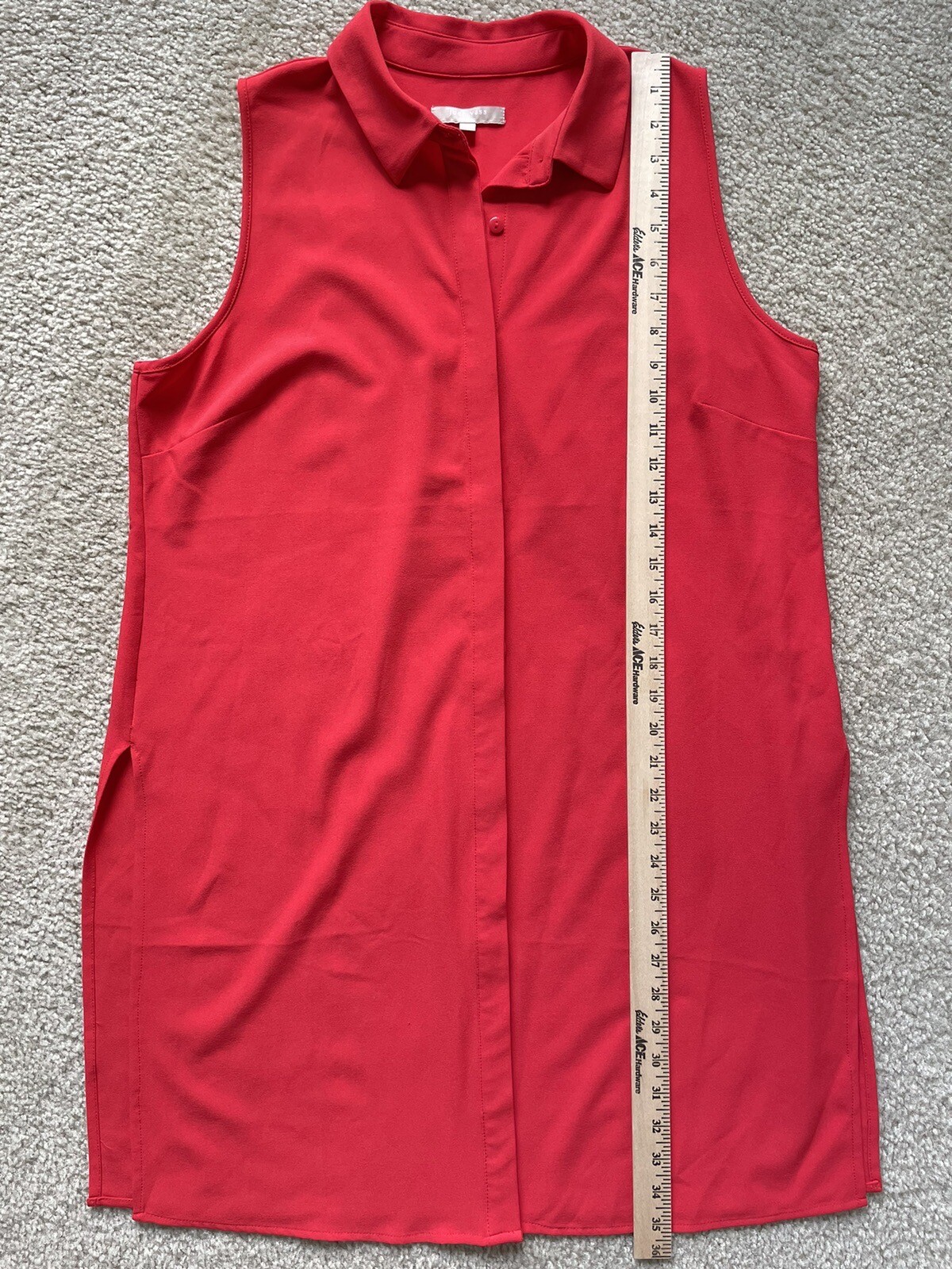 Joan Vass Studio Sz L Longline Red Tunic Button Front Stretch Sleeveless Slits