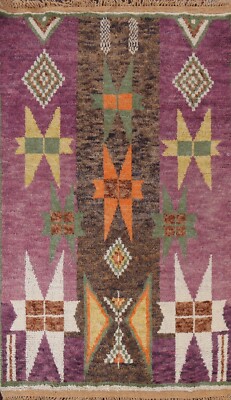 Geometric Moroccan Oriental Area Rug Wool Hand-knotted Purple Foyer Carpet 5'x8'