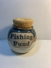 Vintage Fishing Fund Pottery Jar w/ Cork Lid Tumbleweed Pottery  North Carolina