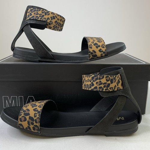 MIA Womens Lydya Ankle Strap Black Leopard Print Gladiator Sandal Multiple Sizes
