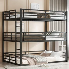 Full over Full over Full Bunk Bed, Metal Triple Bunk Bed with Safety Guardrails