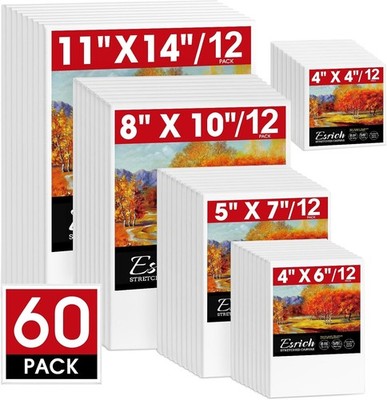 Canvas for Painting, 60 Pack Multi Size 11x14 8x10 5x7 4x6 4x4 Inch Primed Art