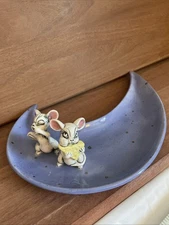 Whimsical Crescent Moon Shaped Ceramic Trinket Dish Mice With Cheese