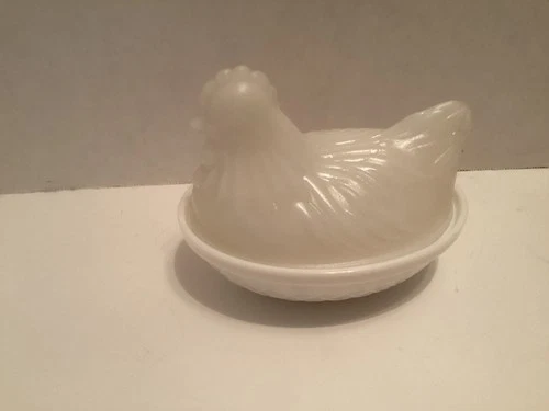 Vtg. Milk Glass Hen on Nest Trinket Dish