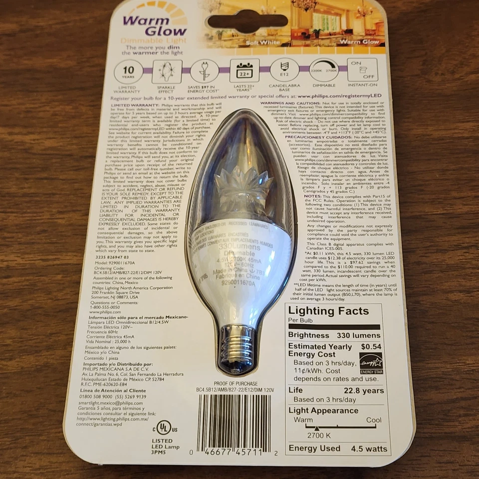 Philips 4.5w LED (Replaces 40w) Dimmable Warm Glow Sparkle Effect Candelabra x6 - Image 3 of 4