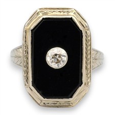 ANTIQUE ART DECO OLD EUROPEAN CUT DIAMOND ONYX RING 18K WHITE GOLD SIZE 5.25
