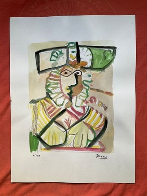 PICASSO - painting drawing 11.8 x 15.7 in  on old paper signed stamped