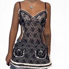 Vintage Victoria's Secret black floral lace lingerie bra milkmaid babydoll 36C