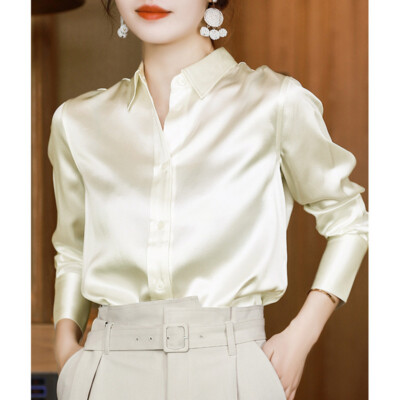 Luxurious Women Slim Pure Silk Shirt Lapel Solid Color Luxurious Women Slim Pure Silk Shirt Lapel Solid Color