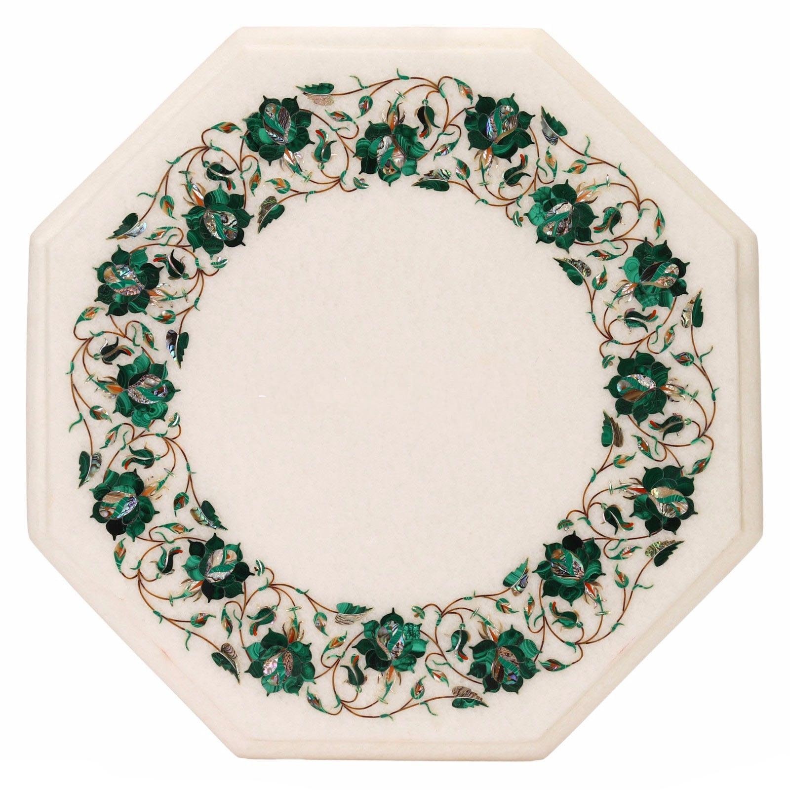 12-inch Malachite Floral Inlay Marble Table Top with Pietra Dura