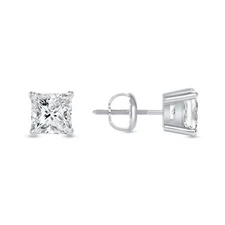 1.50 Ct Princess Created Diamond Earrings Studs Real 14K White Gold Basket Screw
