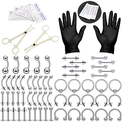 Silver Professional Piercing Kit Stainless Steel Navel Eyebrow Nose Needles Set