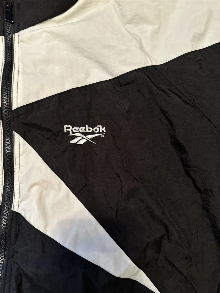 Vintage 90s Reebok Big Logo Black Nylon Full Zip Windbreaker Jacket Mens 2XL - Image 2 of 4