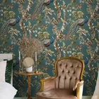 Aqua Blue Peacock Wallpaper Green Woods Floral Design Mulit Birds Feature Wall