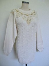 Vtg NOS I.B. Diffusion Embellished Sweater L Beads Pearl Braid Silk Cotton Ivory