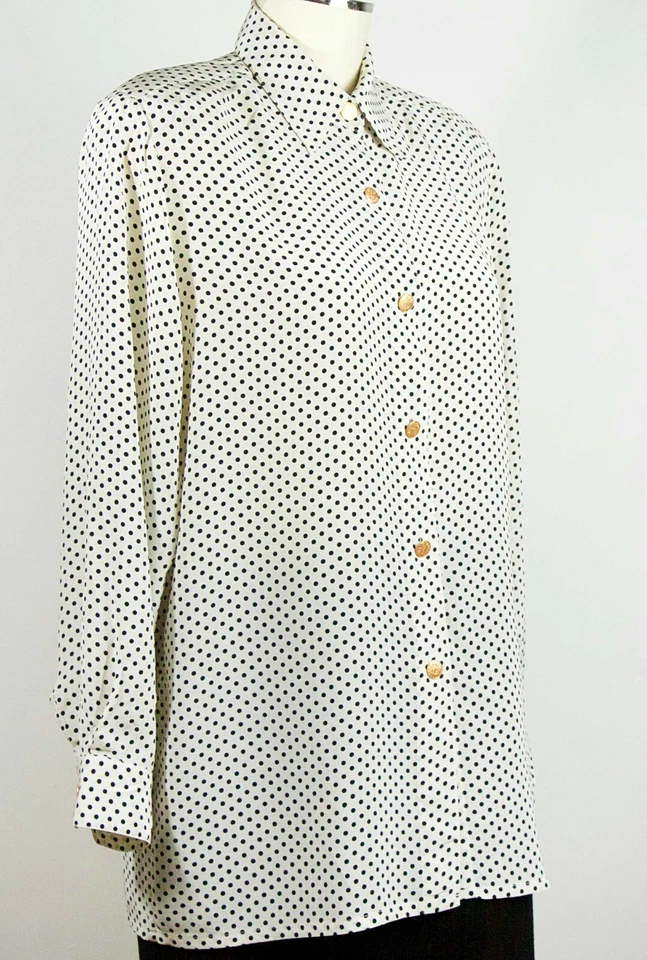 Vintage ELEGANCE PARIS Blusa Shirt Polka Dot Pure Silk Blouse IT42-44 DE38 S-M - Immagine 2 di 4