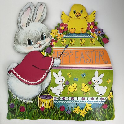 Vintage Easter Cardboard Die Cut Decor Spring Bunny Painting Eggs Chicks
