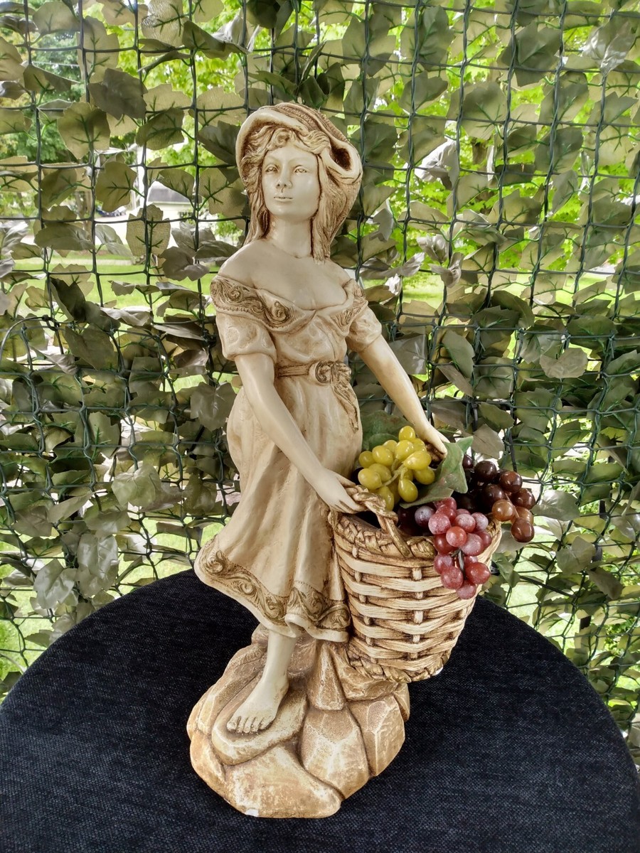 LARGE Vintage Marwal Peasant Girl With Basket of Grapes Statue